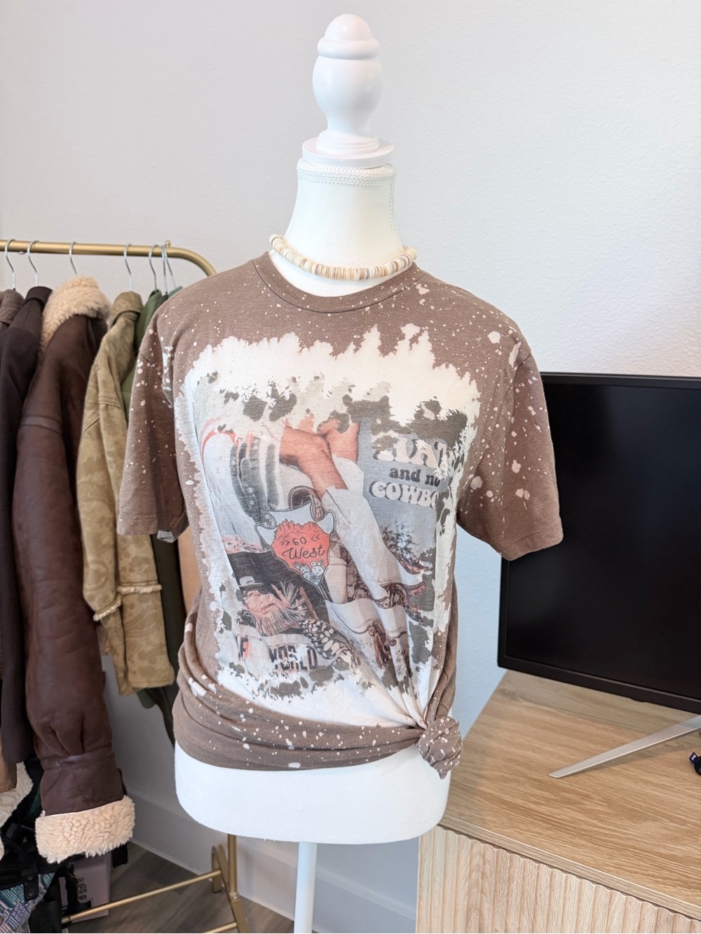 Bleached Graphic Cowboy Tee - Brown & White
